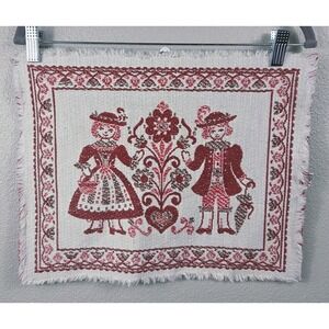 vintage austrian folk tapestry wall hanging red cream cotton linen 13x15